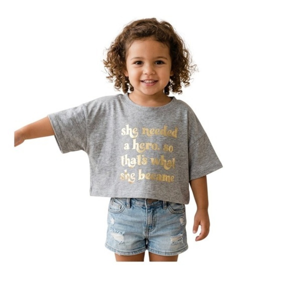 Mia Joy Joyfolie She Needed a Hero Cropped Graphic Tee Heather Gray 2